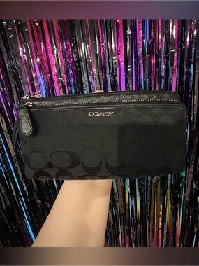 Coach black signature double zip wallet
